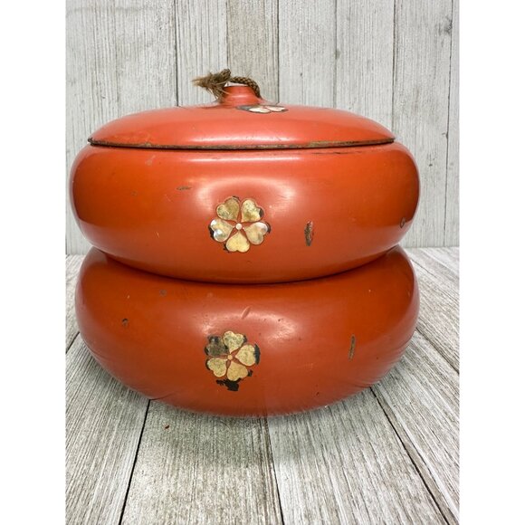 Vtg Japanese Lacquerware Food Storage Container Stacked with Lid 5.5" Tall Rare - Picture 3 of 16